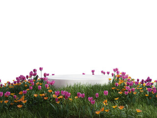 White podium in meadow for product presentation and on transparent background.