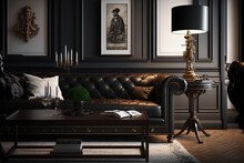 With A Capitone Brown Leather Chester Sofa, Floor Lamp, Coffee Table, Carpet, Wood Floor, And Mouldings, The Interior Is Contemporary Classic Black. Interior Design Model. Generative AI