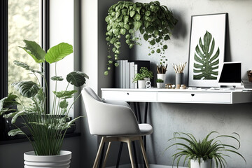 Canvas Print - A contemporary workspace in a room with green potted plants. Home decor. Generative AI