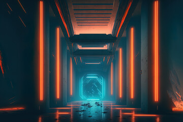 Sticker - Interior of an abstract concrete futuristic sci fi building with neon tubes that glow in orange and blue. Generative AI