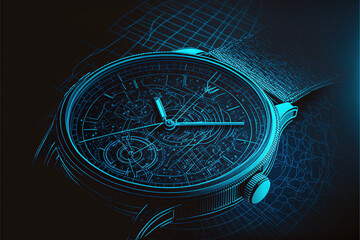 Blue Abstract Clock Watch Time Concept Background Illustration Vector, generative ai