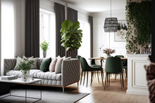 An Open, Fashionable Living And Dining Area Includes A Sofa And A Family Table. Room With Plants, Dark Wooden Parquet, And Lots Of Natural Light. Generative AI