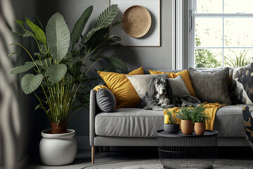 Apartment living room decorated in a modern bohemian style with a gray sofa, honey yellow pillows, plaid, plants, paintings, a rattan basket, and unique personal items. Elegant interior design. Templa