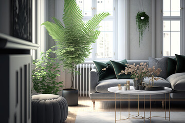 In a light filled living room with a grey sofa, an armchair at a table, a pouf, and a fern. Generative AI