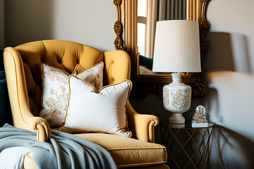 Design furniture, a honey yellow armchair, beige macrame, a gold lamp, and gorgeous accessories are all featured in the bedroom's stylish and opulent décor. Beautiful pillows, blankets, and bed