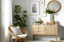 Modern Wooden Commode, Chic Lights, Plants, A Rattan Basket, Sculptures, And Attractive Personal Accessories Decorate This Contemporary Scandinavian Living Room. Painted Sketches On The White Wall. Te
