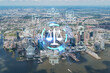 Aerial panoramic helicopter city view of New Jersey City financial Downtown skyscrapers. Glowing hologram legal icons. The concept of law, order, regulations and digital justice