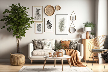 Modern home décor in a stylish setting with a design neutral modular sofa, mock up picture frames, rattan armchair, coffee tables, decorations, and attractive personal accessories. Generative AI