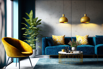 Canvas Print - Contemporary living room in yellow and blue with sofa, chair, carpet, concrete walls, potted plant, furnishings, and copper pendant lights. atmosphere in interior design, concept in architecture