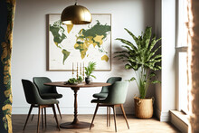 Interior Of A Chic And Eclectic Dining Area With A Mock Up Poster Map, Chairs That Share A Table, A Gold Pedant Lamp, And An Excellent Sofa In The Second Room. Wooden Parquet, White Walls. Vase With T