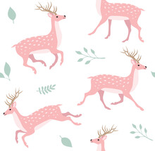 Vector Seamless Pattern Of Pink Flat Hand Drawn Deer And Leaves Isolated On White Background