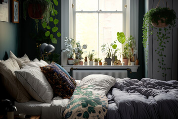 Sticker - a cozy, well lit bedroom with houseplants. inside decorating of a home. Urban jungle design with a biological theme. Generative AI