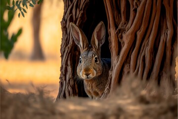 Wall Mural - snapshot of a rabbit peeking out from behind a tree or other natural feature, with a playful or curious expression, show the curious and playful nature of rabbits (AI Generated)