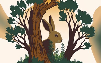 Wall Mural - snapshot of a rabbit peeking out from behind a tree or other natural feature, with a playful or curious expression, show the curious and playful nature of rabbits, DIGITAL ART (AI Generated)