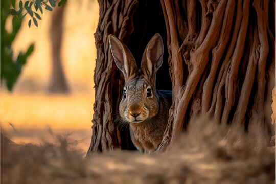 snapshot of a rabbit peeking out from behind a tree or other natural feature, with a playful or curious expression, show the curious and playful nature of rabbits (AI Generated)