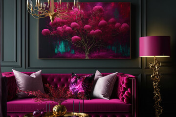 Vibrant magenta is a trendy hue for living rooms in 2023. a background of vivid wall accent paint. Room interiors are decorated in burgundy, maroon, and crimson tones. Luxurious furniture and lighting
