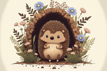 Sticker - Cute little hedgehog sitting. Cartoon animal character design for children's t shirts, a baby shower, invitations, bookmarks, and home interiors. stock illustration. Generative AI