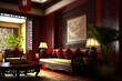 © 2rogan - Chinese inspired interior design for the living room of a luxurious home or hotel, complete with antique Chinese furniture and a perforated wood door. Generative AI