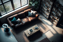 View From A High Angle Of A Cozy Sofa In A Contemporary Home. Vertical Shot Of A Leather Sofa In A Loft Apartment Style Living Area. Empty Bookcases And A Carpet On The Lounge's Concrete Floor