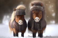 Funny Miniature Shetland Breed Ponies Wearing Hat And Coat In The Snow.
