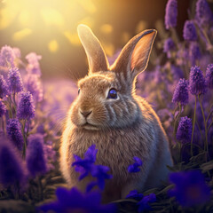 Bunny Rabbit in Field of Purple Flowers