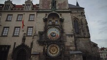 Orloj Astronomical Clock On Hall Building In Old Town Square Prague, Tilt Up Low Angle View, No People