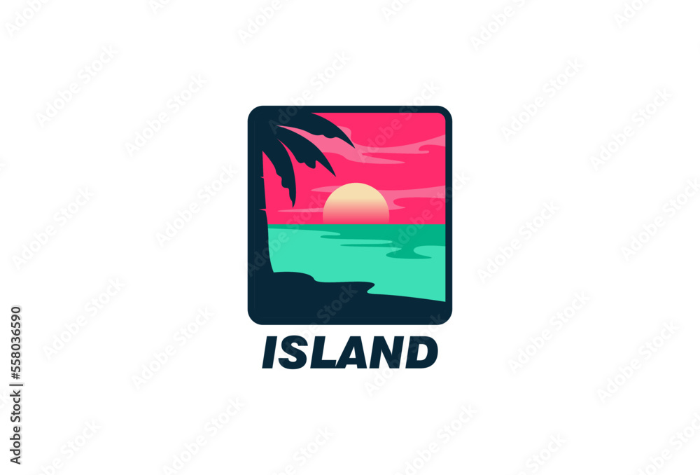 Palm tree logo with sun,Cloud,moon. Coconut tree logo design template