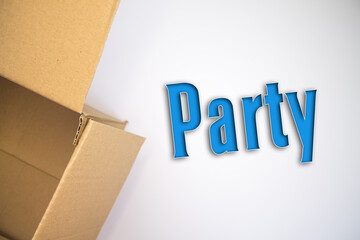 Poster - Party word with cardboard box. Brown folded card box.