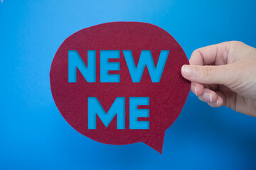 Poster - Speech bubble in front of colored background with New Me text.