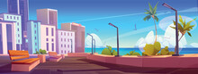 City With Embankment On Sea Beach. Summer Landscape Of Seafront With Benches, Palm Trees, Street Lights And Bushes. Town With Buildings And Promenade, Vector Cartoon Illustration