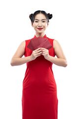 Sticker - Asian Chinese woman in a cheongsam dress holding a red envelope (angpao)