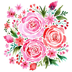 Loose watercolor floral roses in pink and red in an arrangement with blossoms and leaves. Illustration for design, print or background.