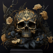 Ornate Black Skull Surrounded By Golden Flowers V2