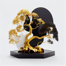  A Sculpture Of A Tree And A Vase With Gold Leaves On It On A Black Stand On A White Background With A White Background Behind It And A White Backdrop With  Generative AI