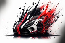  A Black And White Car With Red Paint Splatters On It's Side And A Black And White Car With Red Paint Splatters On It's Side And A White Background.