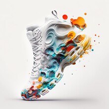  A Pair Of Sneakers With Colorful Paint Splatters On Them And The Shoe Is White And Has Red, Yellow, Blue, And Orange Colors On The Bottom Part Of The Shoe Is White.