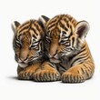  two baby tiger cubs cuddle together on a white background in front of a white background with a white background and a black and white background with a black border with Generative AI
