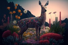  A Painting Of A Deer In A Field Of Flowers And Cacti With A Mountain In The Background And A Pink Sky In The Background With A Few Clouds And A Few Yellow Flowers.