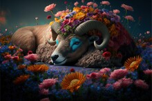  A Horned Animal With Flowers On Its Head Is Laying In A Field Of Wildflowers And Daisies On A Dark Background With A Full Moon In The Sky Above The Horizon Behind It.