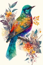  A Colorful Bird Sitting On Top Of A Branch Filled With Leaves And Flowers On A White Background With A Blue Sky In The Background And A White Sky With A Few Clouds And A Few.
