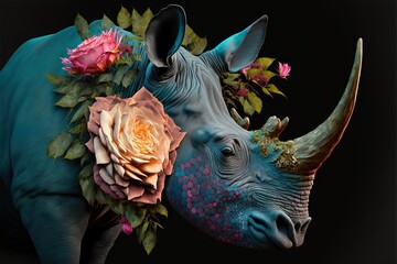 Wall Mural -  a rhinoceros with flowers on its head and a rose on its back, against a black background, with a black background and a black background with a white rhinoce Generative AI