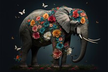 An Elephant With Flowers And Butterflies On Its Trunk And Tusks On Its Back, Standing In A Field Of Grass And Flowers, With A Dark Background Of Butterflies And A Dark Sky. Generative AI