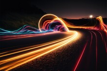  A Long Exposure Photo Of A Highway At Night With Light Streaks On The Side Of The Road And A Street Light At The End Of The Road And A Hill In The Distance With A Light.
