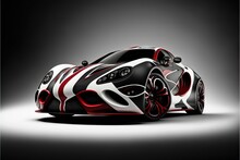 A Black And White Sports Car With Red Accents On It's Body And Wheels, On A Gray Background, With A Black Background With A White And Red Stripe And White Stripe,.
