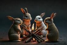  A Group Of Bunnies Sitting Around A Fire With A Lit Candle In The Middle Of Them And A Group Of Bunnies Standing Around Them With Sticks In Front Of Them, With A Dark Background.