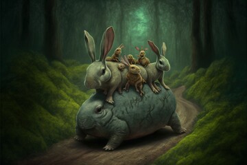 Canvas Print -  a group of rabbits riding on top of a hippo in a forest filled with green grass and a forest path with trees and a green light behind them is a dark green area with. Generative AI