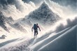  a man hiking up a snowy mountain with a backpack and skis on his back, in front of a mountain range with clouds and snow on the ground, with a dark sky with white. Generative AI