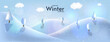 Winter season horizontal vector illustration. 3d style. Hills with trees. Blizzard, snowfall. Greeting card.