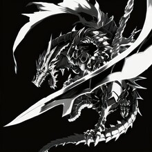  A Black And White Image Of A Dragon With A Sword In Its Mouth And A Sword In Its Mouth, With Sharp Sharp Sharp Teeth And Sharp Sharp Sharp Blades In The Foreground, On A Black Background.