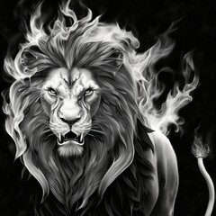 Poster -  a black and white drawing of a lion with flames on it's face and a cigarette in its mouth, with a black background of smoke and a black background with a white lion. Generative AI